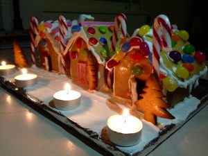 gingerbread house at night